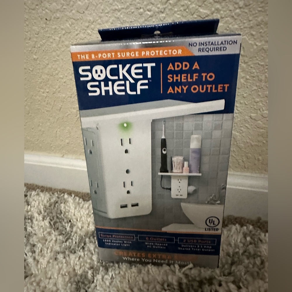 Socket Shelf 6 Outlet 2 USB Port Surge Protector 
New in box